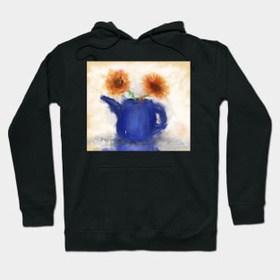 An Artistic Painting of a Blue Watering Can with 2 Orange Flowers Hoodie